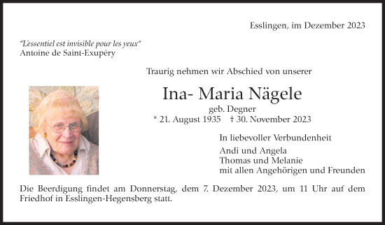 Traueranzeige von Ina-Maria Nägele von Eßlinger Zeitung/Cannstatter Zeitung
