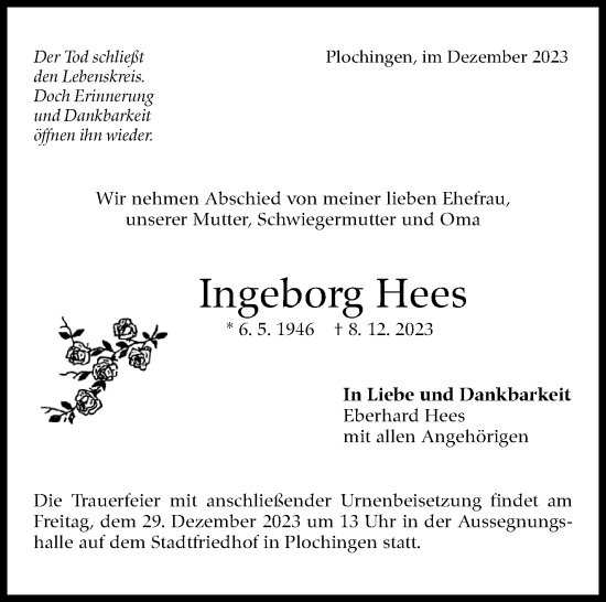 Traueranzeige von Ingeborg Hees von Eßlinger Zeitung/Cannstatter Zeitung