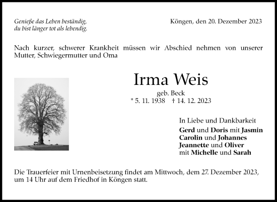 Traueranzeige von Irma Weis von Eßlinger Zeitung/Cannstatter Zeitung