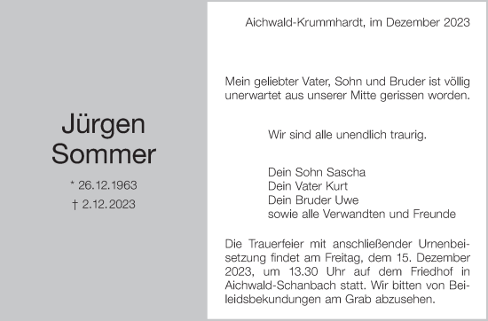 Traueranzeige von Jürgen Sommer von Eßlinger Zeitung/Cannstatter Zeitung