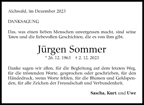 Traueranzeige von Jürgen Sommer von Eßlinger Zeitung/Cannstatter Zeitung