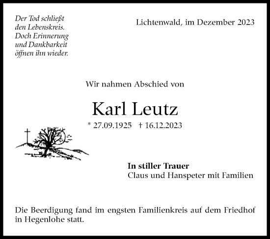 Traueranzeige von Karl Leutz von Eßlinger Zeitung/Cannstatter Zeitung