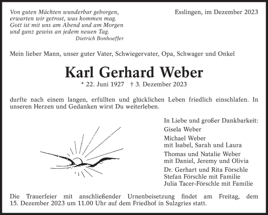 Traueranzeige von Karl Gerhard Weber von Eßlinger Zeitung/Cannstatter Zeitung