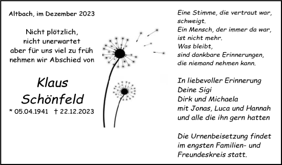 Traueranzeige von Klaus Schönfeld von Eßlinger Zeitung/Cannstatter Zeitung