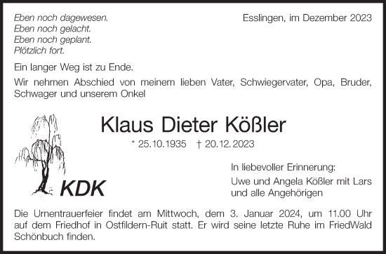 Traueranzeige von Klaus Dieter Kößler von Eßlinger Zeitung/Cannstatter Zeitung