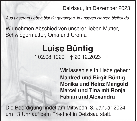 Traueranzeige von Luise Büntig von Eßlinger Zeitung/Cannstatter Zeitung