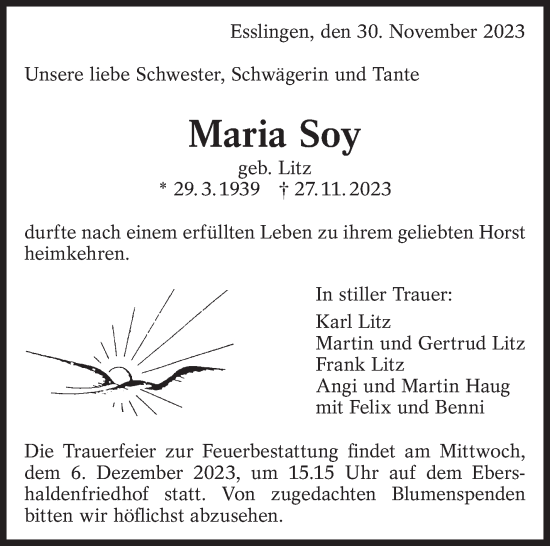 Traueranzeige von Maria Soy von Eßlinger Zeitung/Cannstatter Zeitung