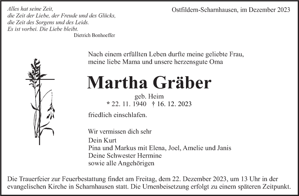  Traueranzeige für Martha Gräber vom 20.12.2023 aus Eßlinger Zeitung/Cannstatter Zeitung