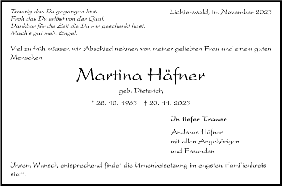 Traueranzeige von Martina Häfner von Eßlinger Zeitung/Cannstatter Zeitung