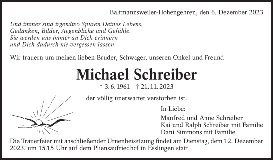 Traueranzeige von Michael Schreiber von Eßlinger Zeitung/Cannstatter Zeitung