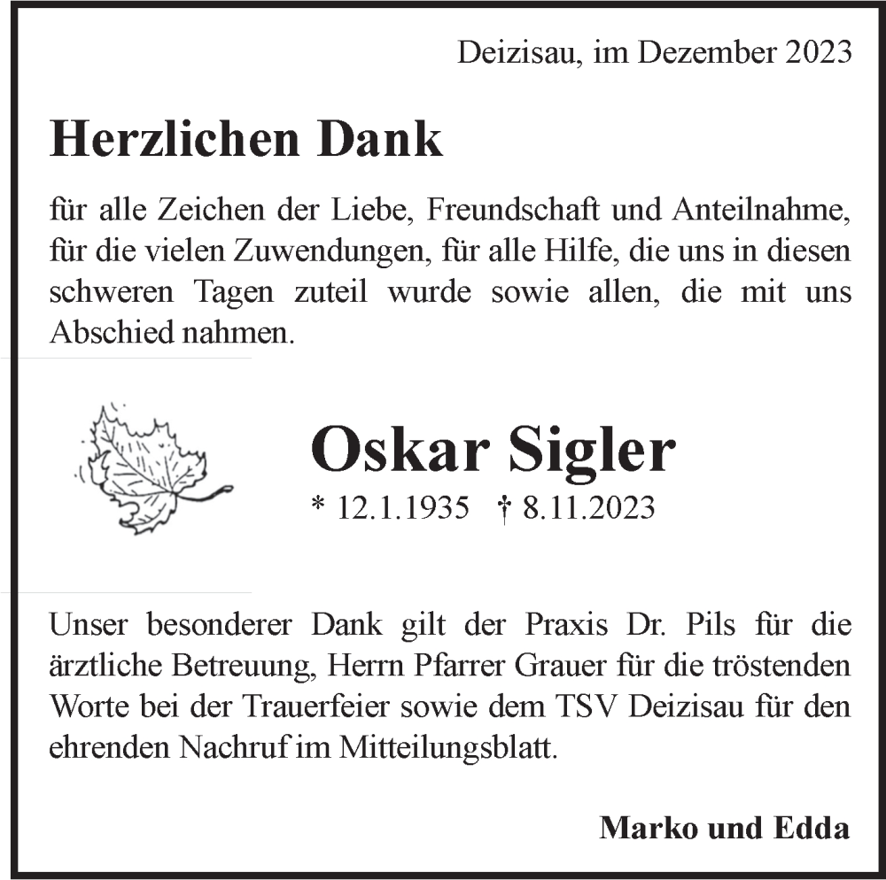  Traueranzeige für Oskar Sigler vom 07.12.2023 aus Eßlinger Zeitung/Cannstatter Zeitung