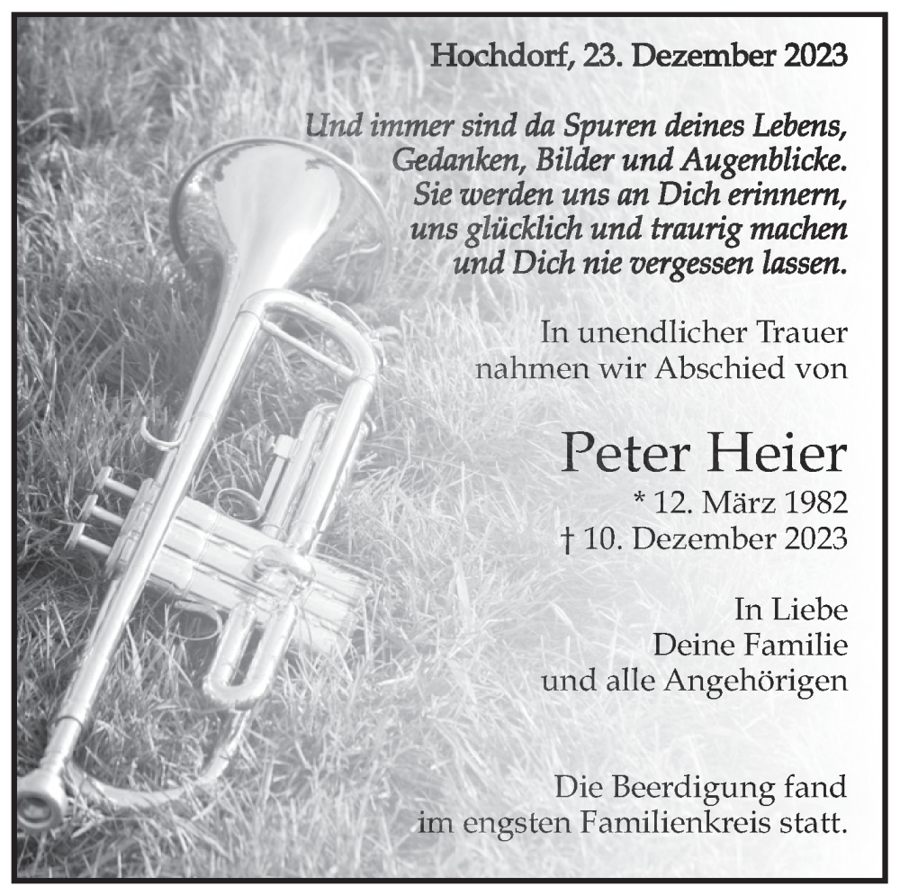  Traueranzeige für Peter Heier vom 23.12.2023 aus Eßlinger Zeitung/Cannstatter Zeitung