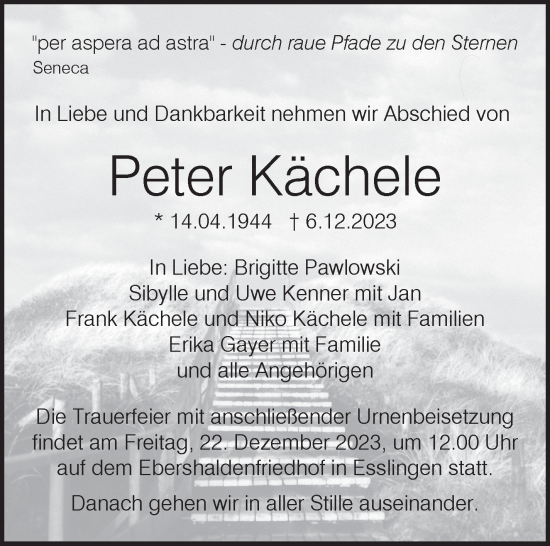 Traueranzeige von Peter Kächel von Eßlinger Zeitung/Cannstatter Zeitung
