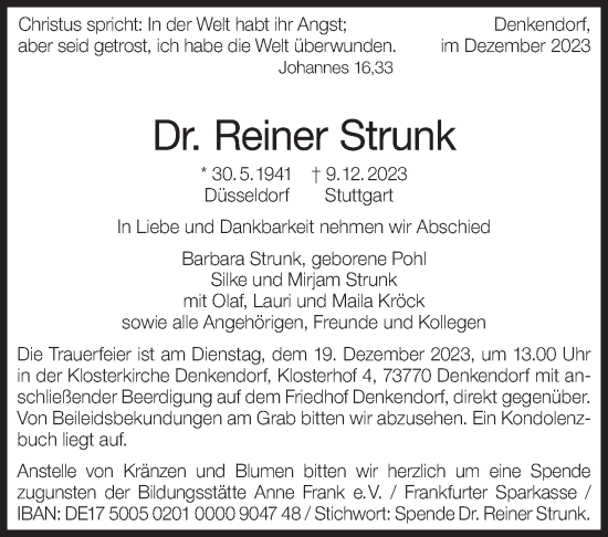Traueranzeige von Reiner Strunk von Eßlinger Zeitung/Cannstatter Zeitung