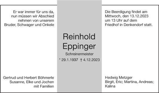 Traueranzeige von Reinhold Eppinger von Eßlinger Zeitung/Cannstatter Zeitung