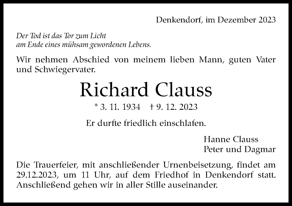  Traueranzeige für Richard Clauss vom 23.12.2023 aus Eßlinger Zeitung/Cannstatter Zeitung