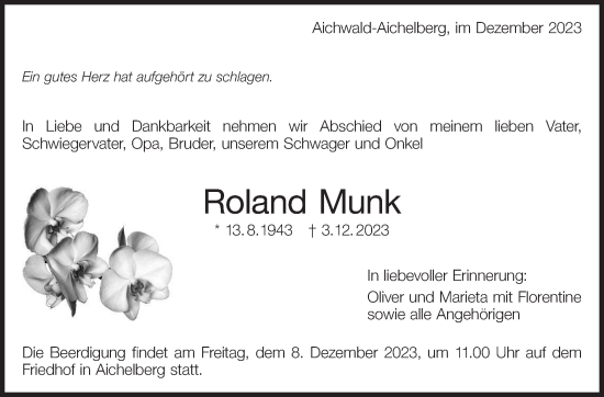 Traueranzeige von Roland Munk von Eßlinger Zeitung/Cannstatter Zeitung