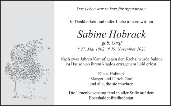 Traueranzeige von Sabine Hobrack von Eßlinger Zeitung/Cannstatter Zeitung