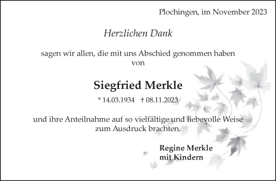 Traueranzeige von Siegfried Merkle von Eßlinger Zeitung/Cannstatter Zeitung