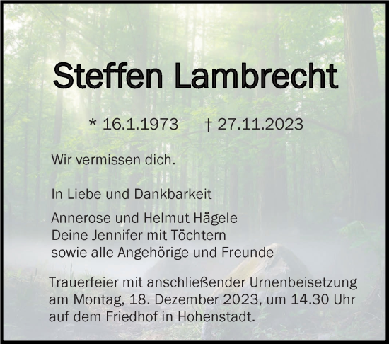 Traueranzeige von Steffen Lambrecht von Eßlinger Zeitung/Cannstatter Zeitung