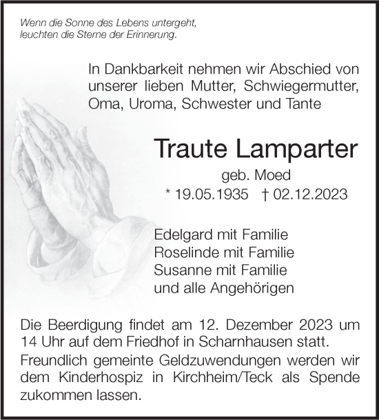 Traueranzeige von Traute Lamparter von Eßlinger Zeitung/Cannstatter Zeitung