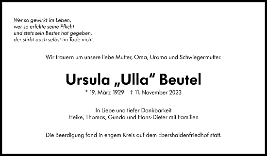 Traueranzeige von Ursula Beutel von Eßlinger Zeitung/Cannstatter Zeitung