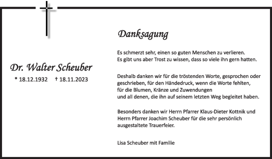 Traueranzeige von Walter Scheuber von Eßlinger Zeitung/Cannstatter Zeitung