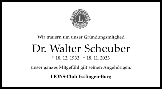 Traueranzeige von Walter Scheuber von Eßlinger Zeitung/Cannstatter Zeitung