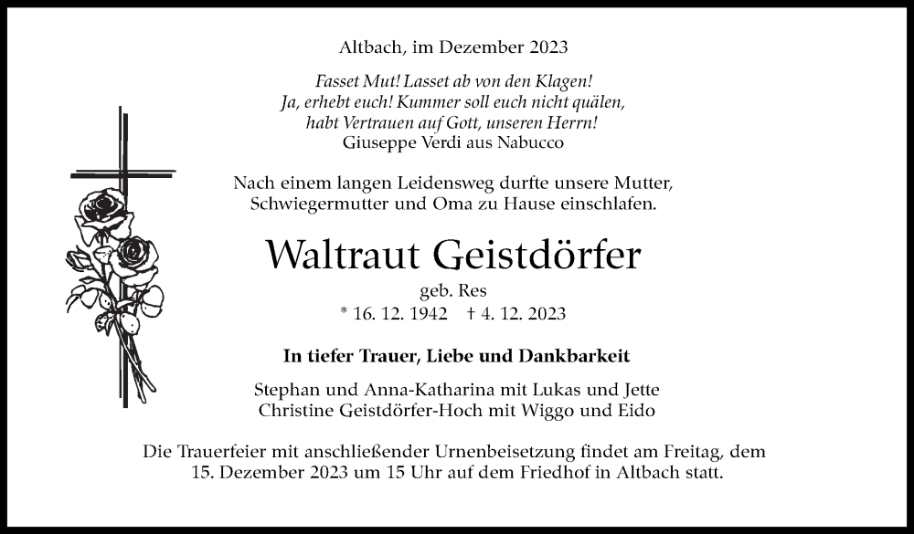  Traueranzeige für Waltraut Geistdörfer vom 09.12.2023 aus Eßlinger Zeitung/Cannstatter Zeitung
