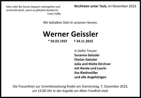 Traueranzeige von Werner Geissler von Eßlinger Zeitung/Cannstatter Zeitung