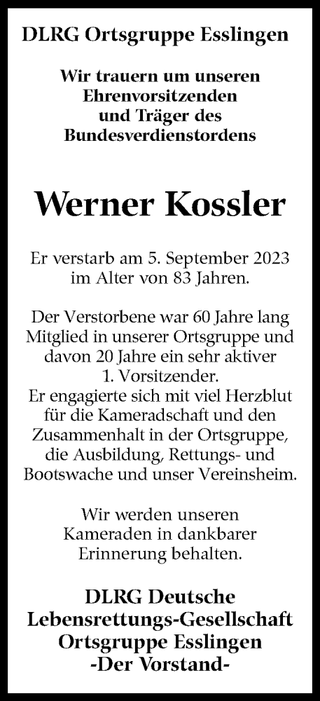 Traueranzeige von Werner Kossler von Eßlinger Zeitung/Cannstatter Zeitung
