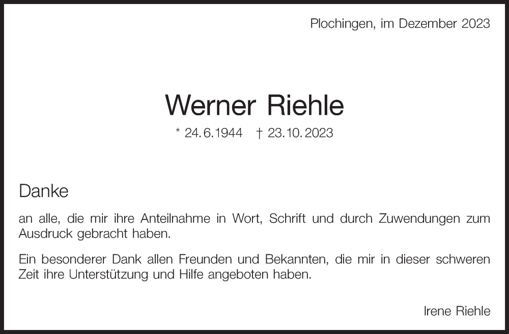  Traueranzeige für Werner Riehle vom 05.12.2023 aus Eßlinger Zeitung/Cannstatter Zeitung