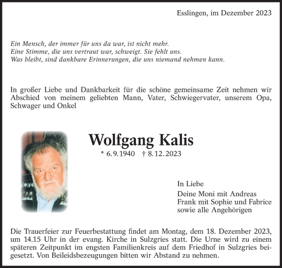 Traueranzeige von Wolfgang Kalis von Eßlinger Zeitung/Cannstatter Zeitung