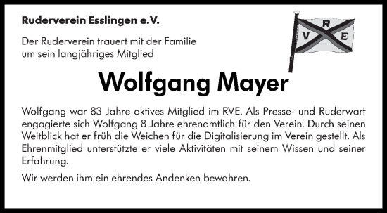 Traueranzeige von Wolfgang Mayer von Eßlinger Zeitung/Cannstatter Zeitung