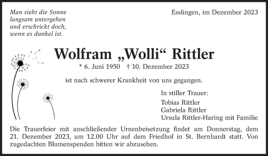 Traueranzeige von Wolfram Rittler von Eßlinger Zeitung/Cannstatter Zeitung