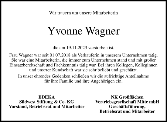Traueranzeige von Yvonne Wagner von Eßlinger Zeitung/Cannstatter Zeitung