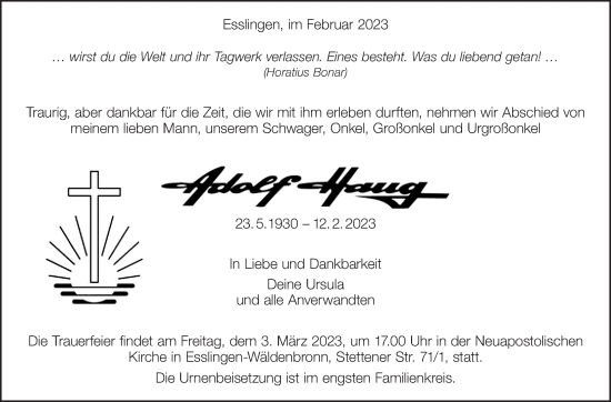 Traueranzeige von Adolf Haug von Eßlinger Zeitung/Cannstatter Zeitung