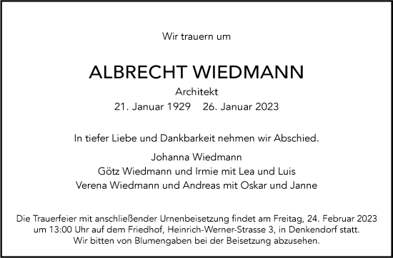 Traueranzeige von Albrecht Wiedmann von Eßlinger Zeitung/Cannstatter Zeitung