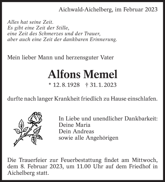 Traueranzeige von Alfons Memel von Eßlinger Zeitung/Cannstatter Zeitung