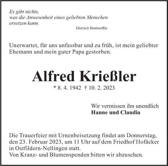 Traueranzeige von Alfred Krießler von Eßlinger Zeitung/Cannstatter Zeitung