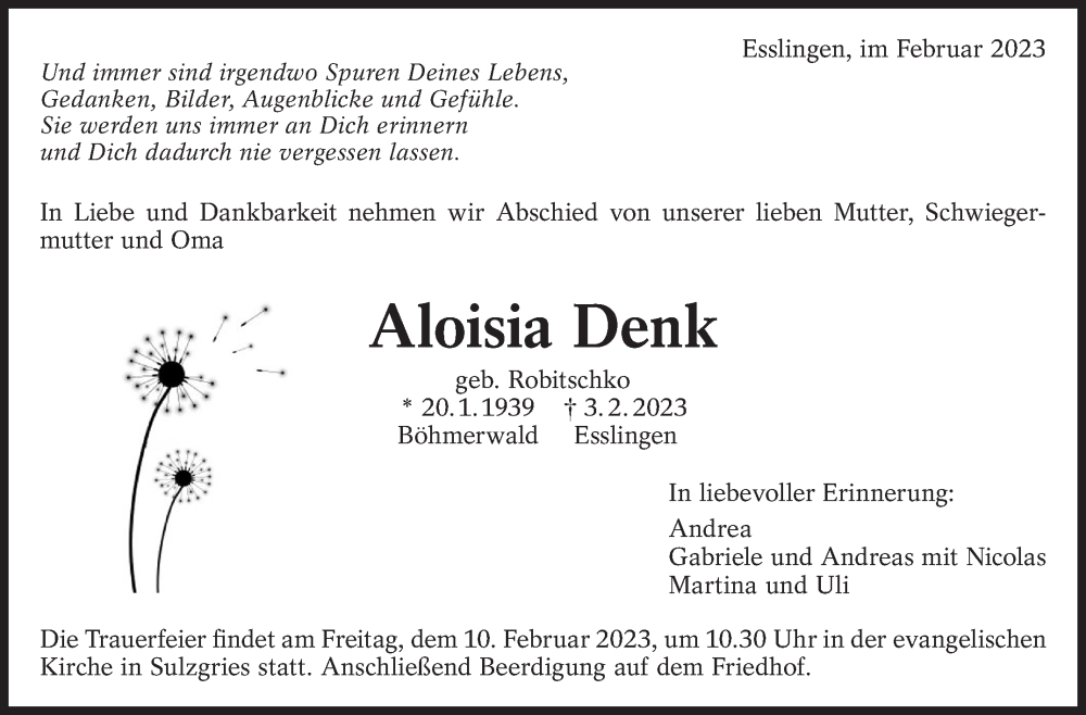  Traueranzeige für Aloisia Denk vom 07.02.2023 aus Eßlinger Zeitung/Cannstatter Zeitung