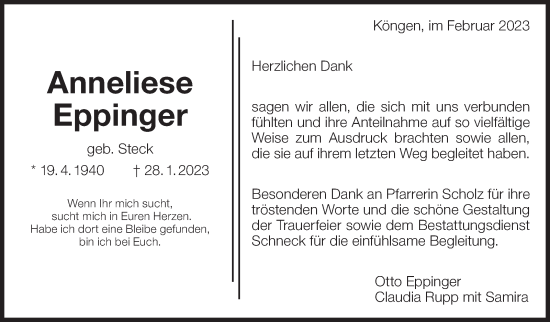 Traueranzeige von Anneliese Eppinger von Eßlinger Zeitung/Cannstatter Zeitung