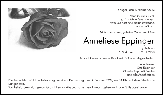 Traueranzeige von Anneliese Eppinger von Eßlinger Zeitung/Cannstatter Zeitung