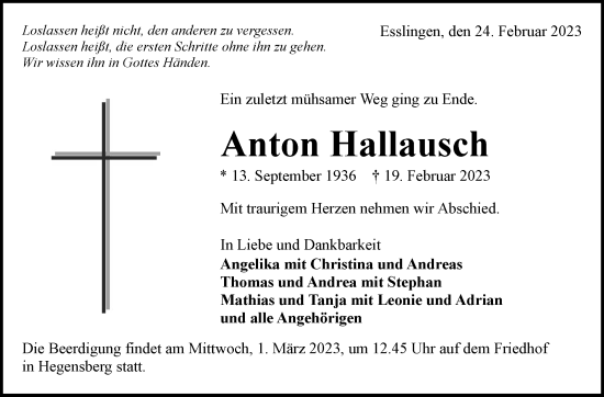 Traueranzeige von Anton Hallausch von Eßlinger Zeitung/Cannstatter Zeitung