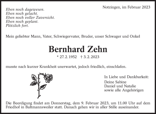 Traueranzeige von Bernhard Zehn von Eßlinger Zeitung/Cannstatter Zeitung