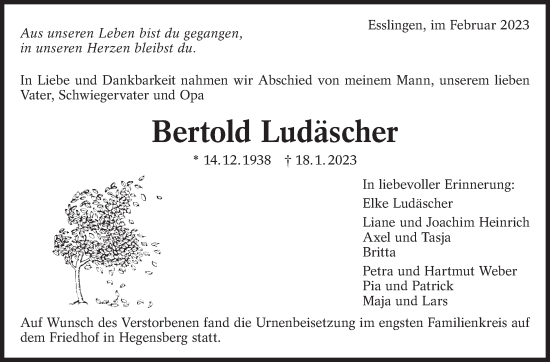 Traueranzeige von Bertold Ludäscher von Eßlinger Zeitung/Cannstatter Zeitung
