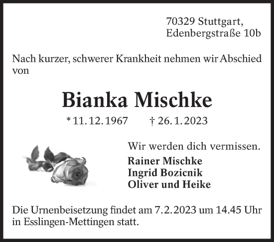 Traueranzeige von Bianka Mischke von Eßlinger Zeitung/Cannstatter Zeitung