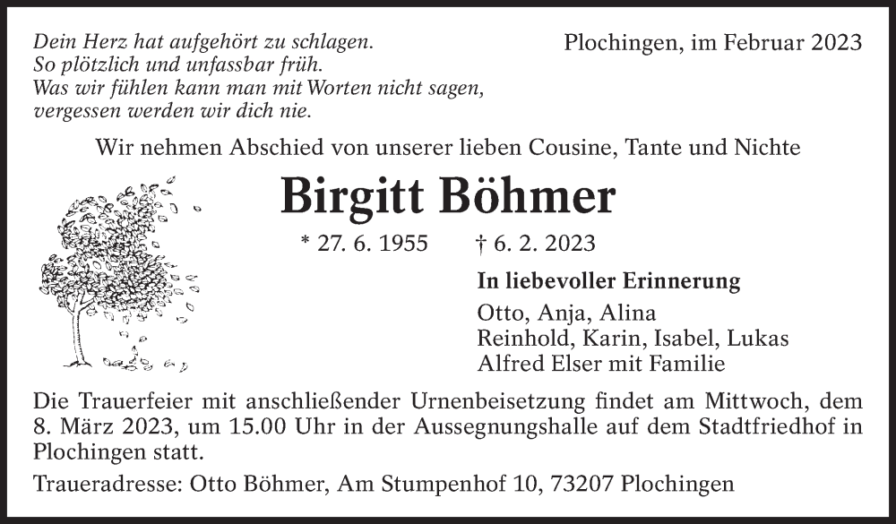  Traueranzeige für Birgitt Böhmer vom 25.02.2023 aus Eßlinger Zeitung/Cannstatter Zeitung