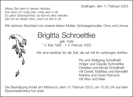 Traueranzeige von Brigitta Schroettke von Eßlinger Zeitung/Cannstatter Zeitung