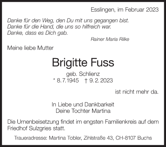 Traueranzeige von Brigitte Fuss von Eßlinger Zeitung/Cannstatter Zeitung